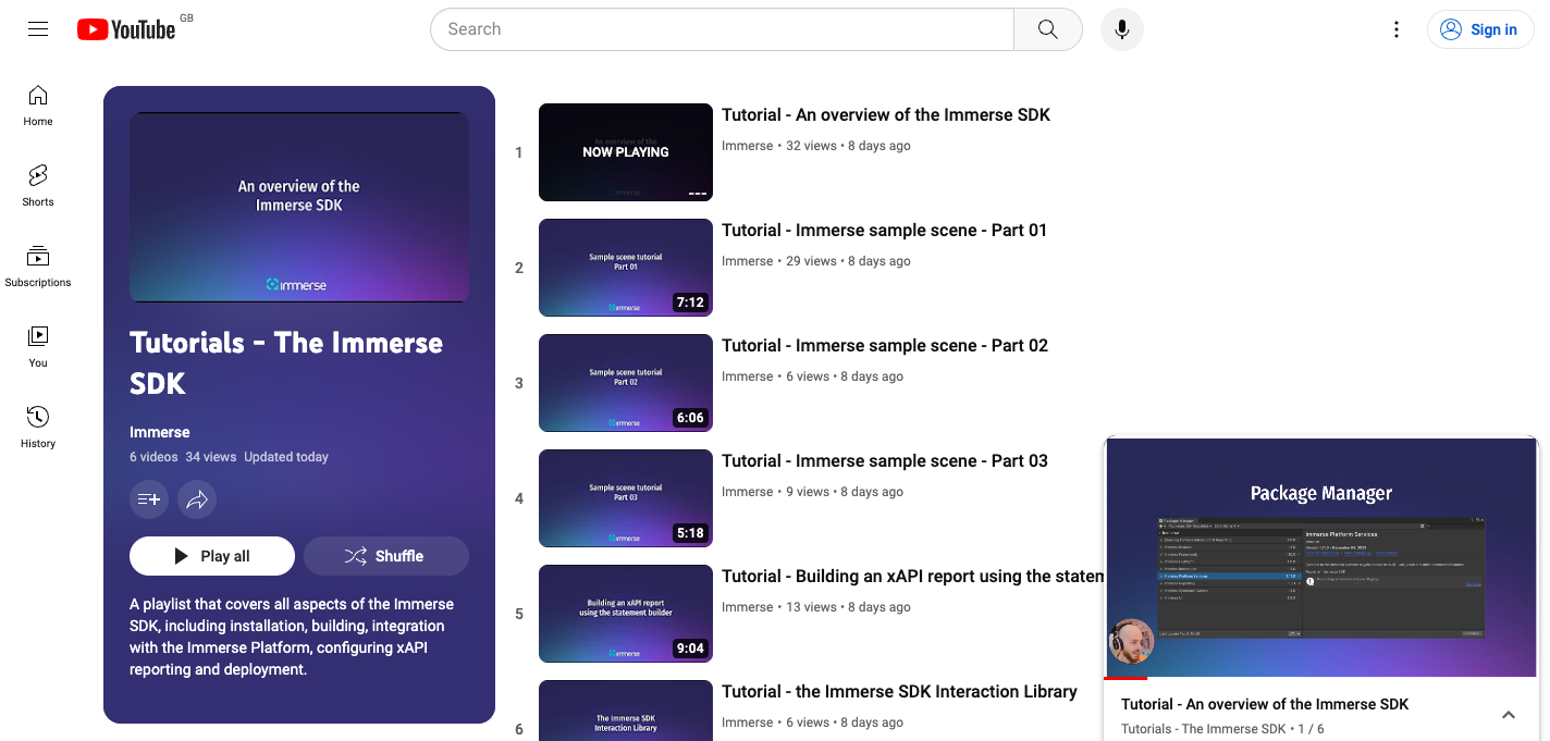 Immerse SDK video tutorials on YouTube