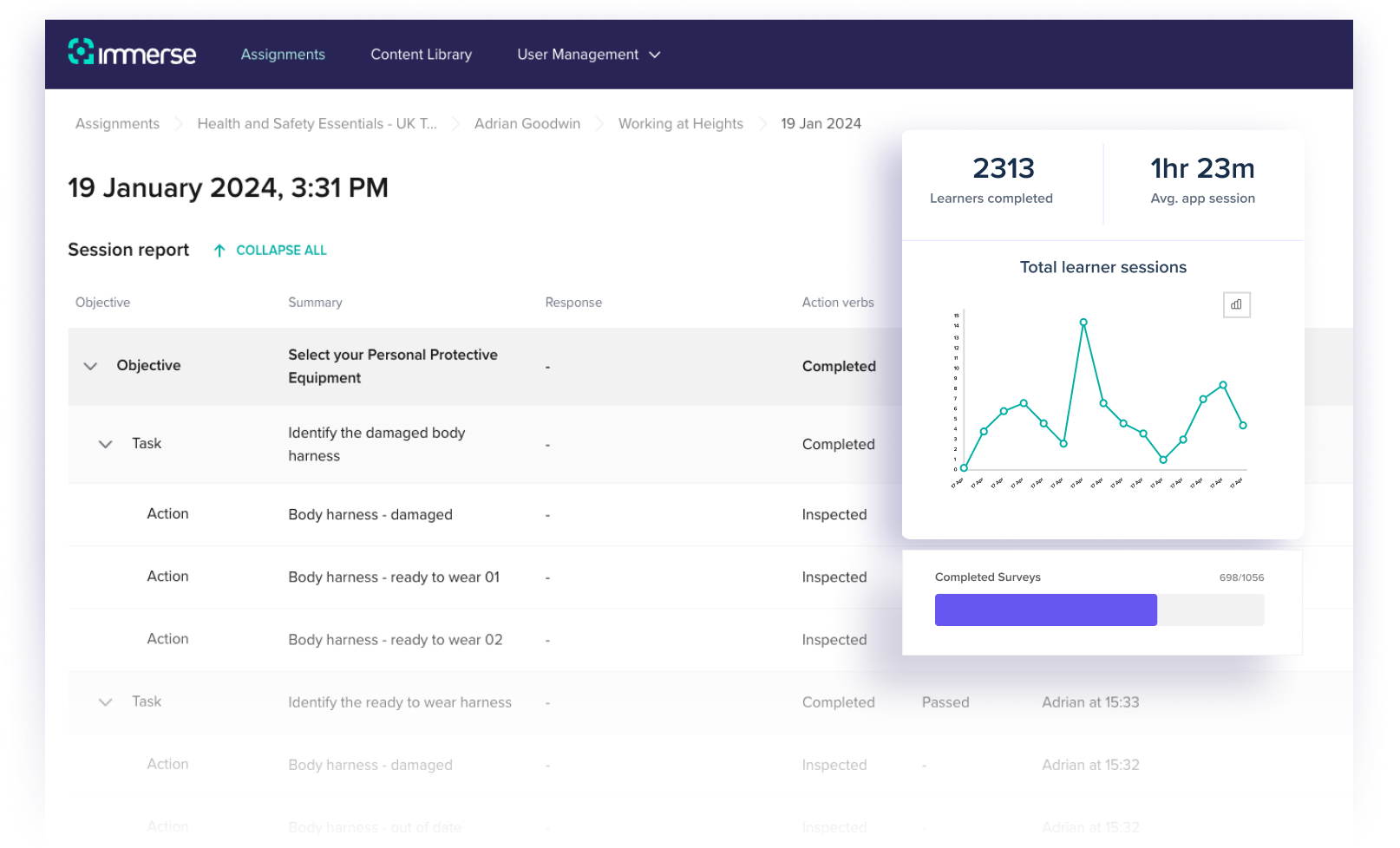 Immerse VR reporting and analytics