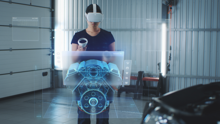 Person training in VR to assemble a car motor