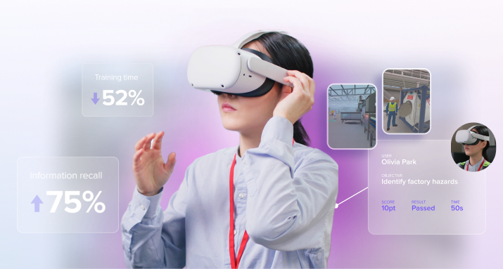 An image showing a woman in a VR headset and VR training stats