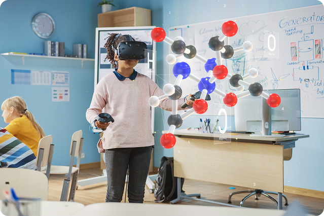 A girl using VR to learn about biology.